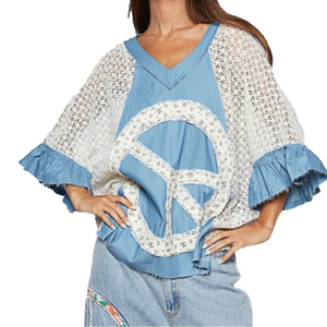 POL Ruffle Sleeve Peace Sign Blue and White Lace Trim Women's Boho oversized Top